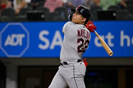 Jul 14, 2023; Arlington, Texas, USA; Cleveland Guardians catcher Bo Naylor (23) bats against the Texas Rangers during the fourth inning at Globe Life Field. Mandatory Credit: Jerome Miron-USA TODAY Sports