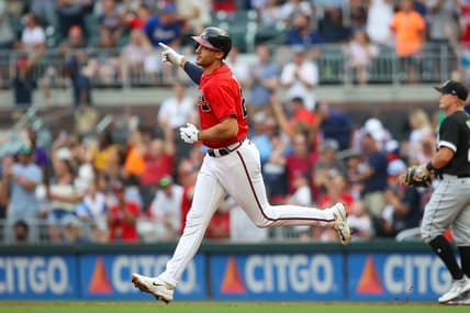 Jul 14, 2023; Atlanta, Georgia, USA; Atlanta Braves first baseman Matt Olson (28) reacts after a grand slam against the Chicago White Sox in the first inning at Truist Park. Mandatory Credit: Brett Davis-USA TODAY Sports