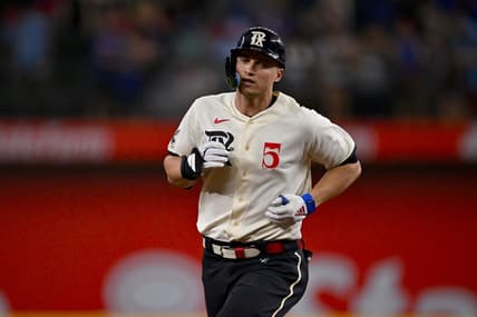 Jul 14, 2023; Arlington, Texas, USA; Texas Rangers shortstop Corey Seager (5) rounds the bases after he hits a home run against the Cleveland Guardians during the eighth inning at Globe Life Field. Mandatory Credit: Jerome Miron-USA TODAY Sports