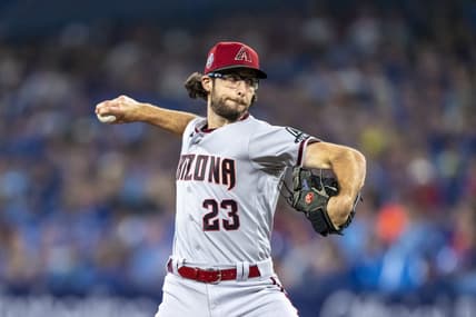 Jul 15, 2023; Toronto, Ontario, CAN; Arizona Diamondbacks starting pitcher Zac Gallen (23) pitches to the Toronto Blue Jays during the first inning at Rogers Centre. Mandatory Credit: Kevin Sousa-USA TODAY Sports