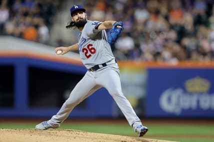 Jul 15, 2023; New York City, New York, USA; Los Angeles Dodgers starting pitcher Tony Gonsolin (26) pitches against the New York Mets during the second inning at Citi Field. Mandatory Credit: Brad Penner-USA TODAY Sports