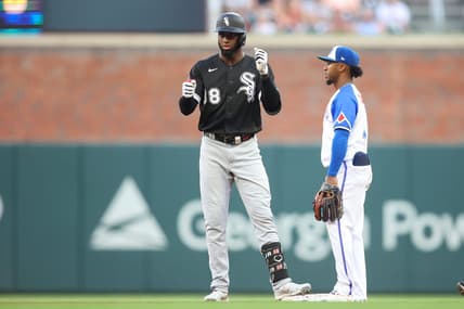 Jul 15, 2023; Atlanta, Georgia, USA; Chicago White Sox center fielder Luis Robert Jr. (88) reacts after a two-run double against the Atlanta Braves in the third inning at Truist Park. Mandatory Credit: Brett Davis-USA TODAY Sports