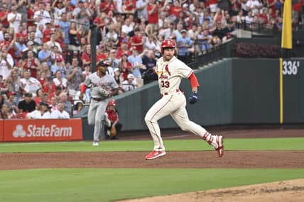 Jul 15, 2023; St. Louis, Missouri, USA; St. Louis Cardinals Brendan Donovan (33) looks on after hitting a 2-run triple against the Washington Nationals during the second inning in game 2 of a double header at Busch Stadium. Mandatory Credit: Jeff Le-USA TODAY Sports