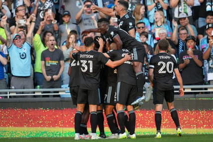 Jul 15, 2023; Saint Paul, Minnesota, USA; The Minnesota United team celebrates a goal by Minnesota United midfielder Emanuel Reynoso (10) in the first half against Los Angeles FC at Allianz Field. Mandatory Credit: Matt Blewett-USA TODAY Sports