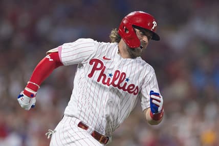 Jul 15, 2023; Philadelphia, Pennsylvania, USA; Philadelphia Phillies designated hitter Bryce Harper (3) runs the bases after hitting a double during the fifth inning against the San Diego Padres at Citizens Bank Park. Mandatory Credit: Bill Streicher-USA TODAY Sports