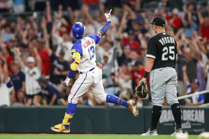 Jul 15, 2023; Atlanta, Georgia, USA; Atlanta Braves right fielder Ronald Acuna Jr. (13) reacts after a home run against the Chicago White Sox in the ninth inning at Truist Park. Mandatory Credit: Brett Davis-USA TODAY Sports