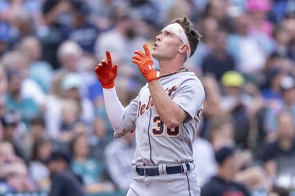 Jul 15, 2023; Seattle, Washington, USA; Detroit Tigers right fielder Kerry Carpenter (30) celebrates while rounding the bases after hitting a solo home run of Seattle Mariners starting pitcher George Kirby (68) during the second inning at T-Mobile Park. Mandatory Credit: Stephen Brashear-USA TODAY Sports