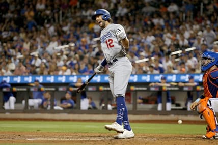 Jul 15, 2023; New York City, New York, USA; Los Angeles Dodgers outfielder Jake Marisnick (12) reacts after being hit by a pitch during the eighth inning against the New York Mets at Citi Field. Mandatory Credit: Brad Penner-USA TODAY Sports