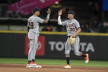 Jul 15, 2023; Seattle, Washington, USA; Detroit Tigers right fielder Kerry Carpenter (30) and shortstop Eugenio Suarez (28) celebrate after a game against the Seattle Mariners at T-Mobile Park. Mandatory Credit: Stephen Brashear-USA TODAY Sports