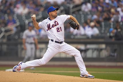 Jul 16, 2023; New York City, New York, USA; New York Mets pitcher Max Scherzer (21) delivers a pitch against the Los Angeles Dodgers during the first inning at Citi Field. Mandatory Credit: Gregory Fisher-USA TODAY Sports