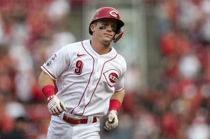 Jul 17, 2023; Cincinnati, Ohio, USA; Cincinnati Reds shortstop Matt McLain (9) runs the bases after hitting a solo home run in the first inning against the San Francisco Giants at Great American Ball Park. Mandatory Credit: Katie Stratman-USA TODAY Sports