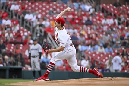 Jul 17, 2023; St. Louis, Missouri, USA;  St. Louis Cardinals starting pitcher Miles Mikolas (39) pitches against the Miami Marlins during the first inning at Busch Stadium. Mandatory Credit: Jeff Curry-USA TODAY Sports