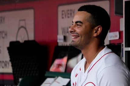 Cincinnati Reds designated hitter Christian Encarnacion-Strand (33) watches from the dugout in the first inning of the MLB National League game between the Cincinnati Reds and the San Francisco Giants at Great American Ball Park in downtown Cincinnati on Monday, July 17, 2023. The game was tied 1-1 after five innings.