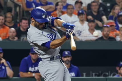Jul 17, 2023; Baltimore, Maryland, USA;  Los Angeles Dodgers shortstop Chris Taylor (3) hits a sixth inning grand slam against the Baltimore Orioles at Oriole Park at Camden Yards. Mandatory Credit: Tommy Gilligan-USA TODAY Sports