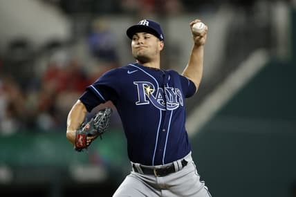 Jul 17, 2023; Arlington, Texas, USA; Tampa Bay Rays starting pitcher Shane McClanahan (18) throws a pitch in the third inning against the Texas Rangers at Globe Life Field. Mandatory Credit: Tim Heitman-USA TODAY Sports
