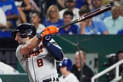 Jul 17, 2023; Kansas City, Missouri, USA; Detroit Tigers right fielder Matt Vierling (8) his a two-run double against the Kansas City Royals in the eighth inning at Kauffman Stadium. Mandatory Credit: Denny Medley-USA TODAY Sports