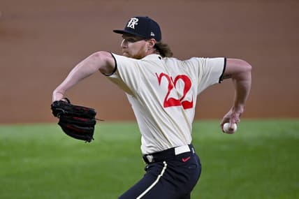 Jul 14, 2023; Arlington, Texas, USA; Texas Rangers starting pitcher Jon Gray (22) in action during the game between the Texas Rangers and the Cleveland Guardians at Globe Life Field. Mandatory Credit: Jerome Miron-USA TODAY Sports