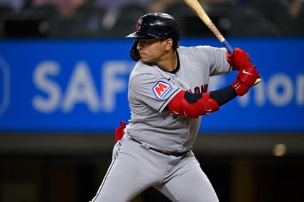 Jul 14, 2023; Arlington, Texas, USA; Cleveland Guardians first baseman Josh Naylor (22) in action during the game between the Texas Rangers and the Cleveland Guardians at Globe Life Field. Mandatory Credit: Jerome Miron-USA TODAY Sports