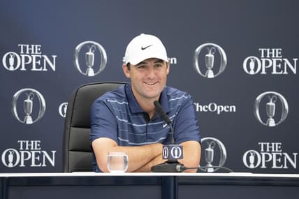 July 18, 2023; Hoylake, ENGLAND, GBR; Scottie Scheffler addresses the media in a press conference during a practice round of The Open Championship golf tournament at Royal Liverpool. Mandatory Credit: Kyle Terada-USA TODAY Sports