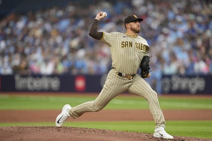 Jul 18, 2023; Toronto, Ontario, CAN; San Diego Padres starting pitcher Joe Musgrove (44) pitches to the Toronto Blue Jays  during the first inning at Rogers Centre. Mandatory Credit: John E. Sokolowski-USA TODAY Sports