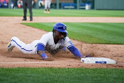 Jul 18, 2023; Kansas City, Missouri, USA; Kansas City Royals right fielder Dairon Blanco (44) reaches on a one run triple against the Detroit Tigers in the third inning at Kauffman Stadium. Mandatory Credit: Denny Medley-USA TODAY Sports