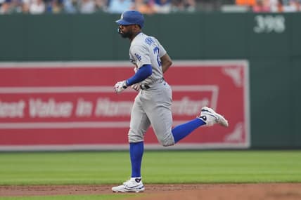 Jul 18, 2023; Baltimore, Maryland, USA; Los Angeles Dodgers outfielder Jason Heyward (23) rounds the bases following his three run home run in the second inning against the Baltimore Orioles at Oriole Park at Camden Yards. Mandatory Credit: Mitch Stringer-USA TODAY Sports