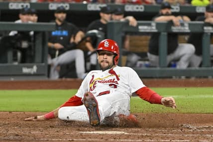 Jul 18, 2023; St. Louis, Missouri, USA;  St. Louis Cardinals center fielder Dylan Carlson (3) scores against the Miami Marlins during the seventh inning at Busch Stadium. Mandatory Credit: Jeff Curry-USA TODAY Sports