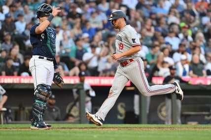 Jul 18, 2023; Seattle, Washington, USA; Minnesota Twins first baseman Alex Kirilloff (19) scores a run off a double hit by right fielder Max Kepler (26) (not pictured) during the fourth inning against the Seattle Mariners at T-Mobile Park. Mandatory Credit: Steven Bisig-USA TODAY Sports