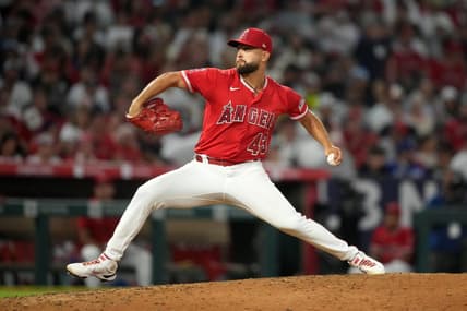 Jul 18, 2023; Anaheim, California, USA; Los Angeles Angels starting pitcher Patrick Sandoval (43) throws against the New York Yankees in the seventh inning at Angel Stadium. Mandatory Credit: Kirby Lee-USA TODAY Sports