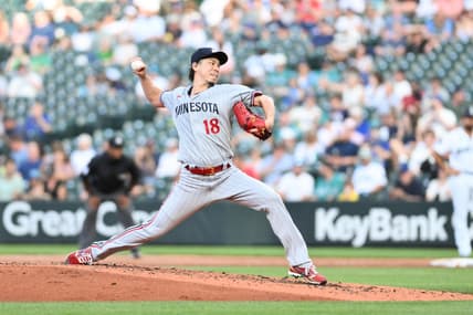 Jul 19, 2023; Seattle, Washington, USA; Minnesota Twins starting pitcher Kenta Maeda (18) pitches to the Seattle Mariners during the swconds inning at T-Mobile Park. Mandatory Credit: Steven Bisig-USA TODAY Sports