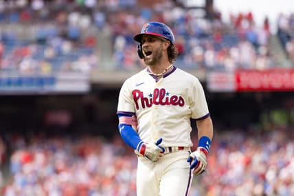 Jul 15, 2023; Philadelphia, Pennsylvania, USA; Philadelphia Phillies designated hitter Bryce Harper (3) reacts to his RBI single against the San Diego Padres at Citizens Bank Park. Mandatory Credit: Bill Streicher-USA TODAY Sports