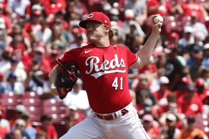 Jul 20, 2023; Cincinnati, Ohio, USA; Cincinnati Reds starting pitcher Andrew Abbott (41) throws against the San Francisco Giants during the first inning at Great American Ball Park. Mandatory Credit: David Kohl-USA TODAY Sports