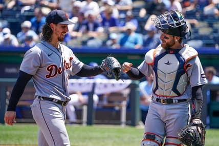 Jul 20, 2023; Kansas City, Missouri, USA; Detroit Tigers catcher Eric Haase (13) congratulates starting pitcher Michael Lorenzen (21) against the Kansas City Royals at the end of the fourth inning at Kauffman Stadium. Mandatory Credit: Denny Medley-USA TODAY Sports