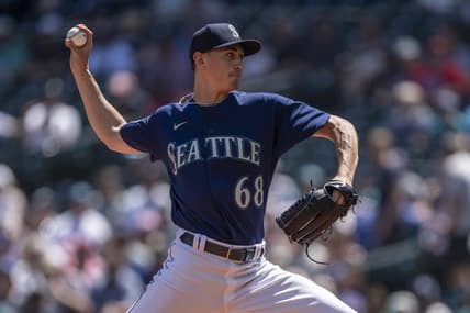 Jul 20, 2023; Seattle, Washington, USA; Seattle Mariners starting pitcher George Kirby (68) delivers a pitch during the first inning against the Minnesota Twins at T-Mobile Park. Mandatory Credit: Stephen Brashear-USA TODAY Sports