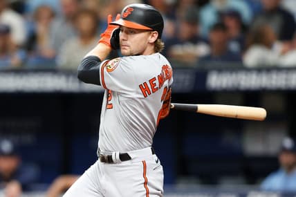 Jul 20, 2023; St. Petersburg, Florida, USA;  Baltimore Orioles third baseman Gunnar Henderson (2) doubles against the Tampa Bay Rays in the fourth inning at Tropicana Field. Mandatory Credit: Nathan Ray Seebeck-USA TODAY Sports