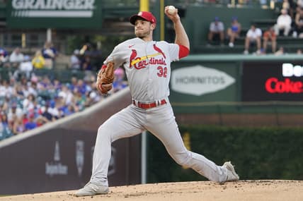 Jul 20, 2023; Chicago, Illinois, USA; St. Louis Cardinals starting pitcher Steven Matz (32) throws the ball against the Chicago Cubs during the first inning at Wrigley Field. Mandatory Credit: David Banks-USA TODAY Sports