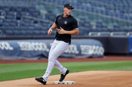 Jul 21, 2023; Bronx, New York, USA; New York Yankees injured outfielder Aaron Judge (99) works out before a game against the Kansas City Royals at Yankee Stadium. Mandatory Credit: Brad Penner-USA TODAY Sports