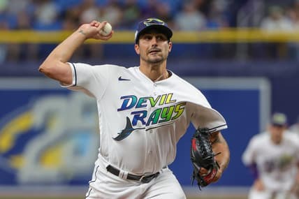 Jul 21, 2023; St. Petersburg, Florida, USA; Tampa Bay Rays starting pitcher Zach Eflin (24) throws a pitch during the first inning against the Baltimore Orioles at Tropicana Field. Mandatory Credit: Mike Watters-USA TODAY Sports