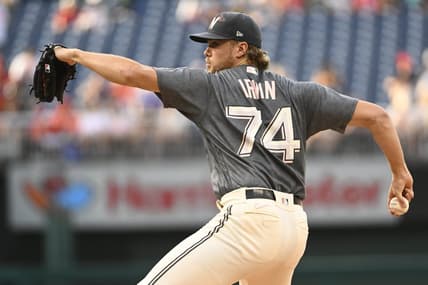 Jul 21, 2023; Washington, District of Columbia, USA; Washington Nationals starting pitcher Jake Irvin (74) throws to the San Francisco Giants during the first inning at Nationals Park. Mandatory Credit: Brad Mills-USA TODAY Sports