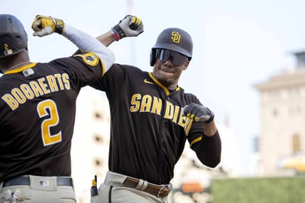 Jul 21, 2023; Detroit, Michigan, USA;  San Diego Padres left fielder Juan Soto (22) (right) celebrates with shortstop Xander Bogaerts (2) after hitting a two-run home run off Detroit Tigers starting pitcher Reese Olson (45) (not pictured) in the third inning at Comerica Park. Mandatory Credit: Lon Horwedel-USA TODAY Sports