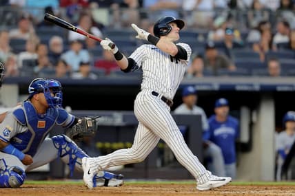 Jul 21, 2023; Bronx, New York, USA; New York Yankees center fielder Billy McKinney (57) follows through on a three run home run against the Kansas City Royals during the fourth inning at Yankee Stadium. Mandatory Credit: Brad Penner-USA TODAY Sports