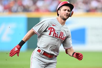 Jul 21, 2023; Cleveland, Ohio, USA; Philadelphia Phillies shortstop Trea Turner (7) rounds second base en route to a triple during the third inning against the Cleveland Guardians at Progressive Field. Mandatory Credit: Ken Blaze-USA TODAY Sports