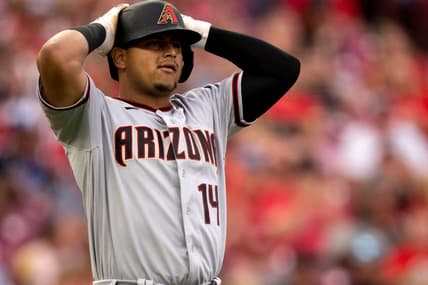 Arizona Diamondbacks catcher Gabriel Moreno (14) reacts to being struck out in the second inning of the Baseball game between the Cincinnati Reds and the Arizona Diamondbacks at Great American Ball Park in Cincinnati on Friday, July 21, 2023.