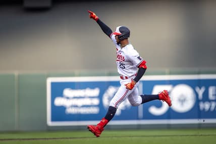 Jul 21, 2023; Minneapolis, Minnesota, USA; Minnesota Twins designated hitter Byron Buxton (25) celebrates hitting a three-run home run against the Chicago White Sox in the first inning at Target Field. Mandatory Credit: Jesse Johnson-USA TODAY Sports