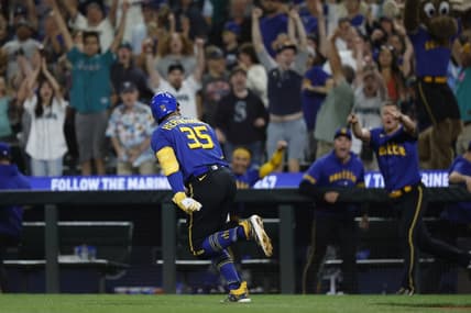 Jul 21, 2023; Seattle, Washington, USA; Seattle Mariners designated hitter Teoscar Hernandez (35) reacts towards the dugout after hitting a walk-off RBI-single against the Toronto Blue Jays during the ninth inning at T-Mobile Park. Mandatory Credit: Joe Nicholson-USA TODAY Sports