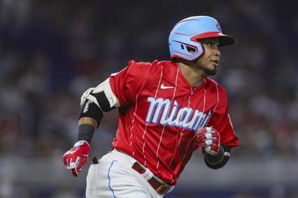 Jul 22, 2023; Miami, Florida, USA; Miami Marlins second baseman Luis Arraez (3) runs toward second base after hitting a double against the Colorado Rockies during the third inning at loanDepot Park. Mandatory Credit: Sam Navarro-USA TODAY Sports