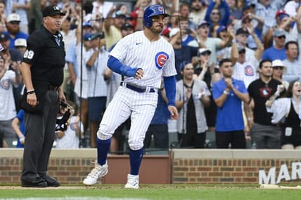 Jul 22, 2023; Chicago, Illinois, USA; Chicago Cubs center fielder Mike Tauchman (40) scores against the St. Louis Cardinals during the sixth inning at Wrigley Field. Mandatory Credit: Matt Marton-USA TODAY Sports