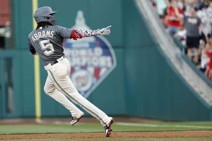 Jul 22, 2023; Washington, District of Columbia, USA; Washington Nationals shortstop CJ Abrams (5) gesturers towards his dugout while rounding the bases after hitting a two run home run against the San Francisco Giants during the second inning at Nationals Park. Mandatory Credit: Geoff Burke-USA TODAY Sports