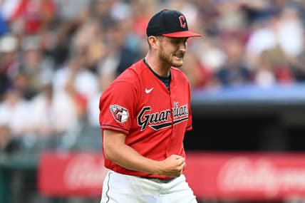 Jul 22, 2023; Cleveland, Ohio, USA; Cleveland Guardians starting pitcher Tanner Bibee (61) celebrates after striking out Philadelphia Phillies right fielder Nick Castellanos (not pictured) during the sixth inning at Progressive Field. Mandatory Credit: Ken Blaze-USA TODAY Sports