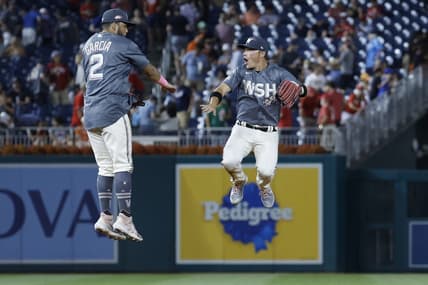 Jul 22, 2023; Washington, District of Columbia, USA; Washington Nationals second baseman Luis Garcia (2) celebrates with Nationals center fielder Alex Call (17) after their game against the San Francisco Giants at Nationals Park. Mandatory Credit: Geoff Burke-USA TODAY Sports